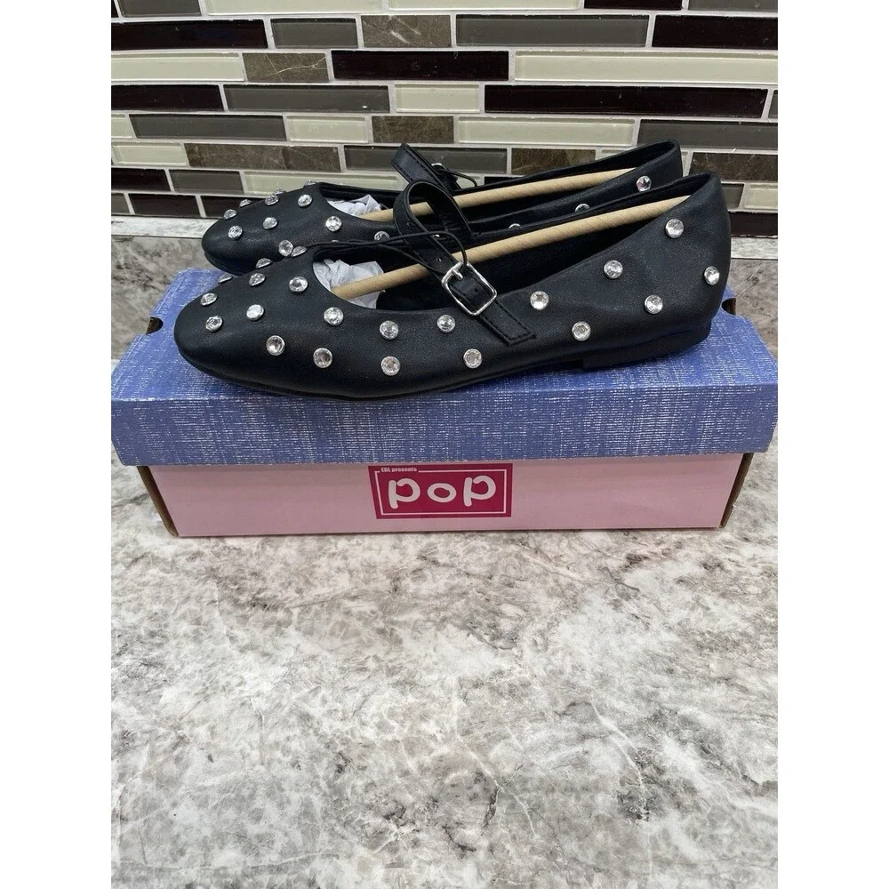 Pop Women's Size 6.5 M, Noemi Casual Ballet Flats, Black, Buckle Gem Accents New